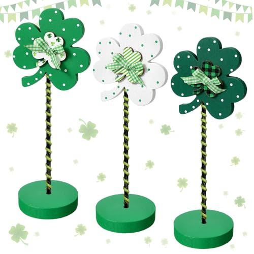 Wenqik 3-teiliges St. Patrick's Day abgestuftes Tablett-Dekor-Set aus Holz, Kleeblatt, Tischdekoration, rustikales Kleeblatt, Tischdekoration, freistehend, St. Patrick's Day, Ornamente für irische von Wenqik