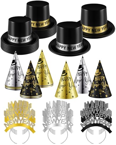 Wenqik 50 Stück 2025 Silvester Party Supplies Mitternacht Party Dekorationen für 50 Personen Inklusive Zylinderhüte Gold Silber Schwarz Kegel Hüte Stirnbänder Diademe für Eve Party Zubehör von Wenqik