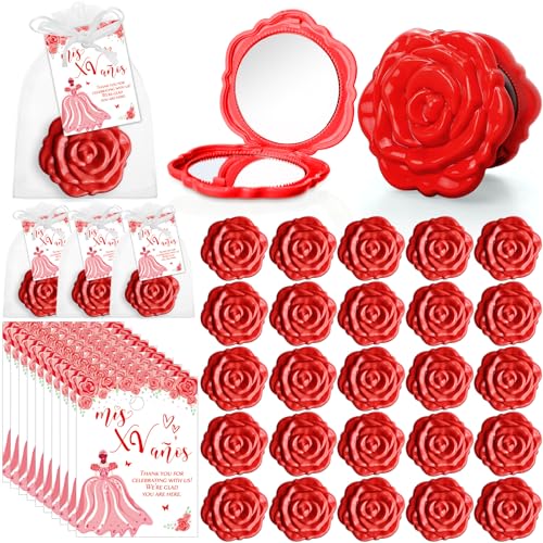 Wenqik Quinceanera Gastgeschenke für Gäste, Rosen-Design, kompakter Taschenspiegel, Quinceanera-Karten, Dankeschön-Geschenk und Organza-Beutel, süße 15 Mis Quitte, Geburtstag, Partygeschenk (rot) von Wenqik