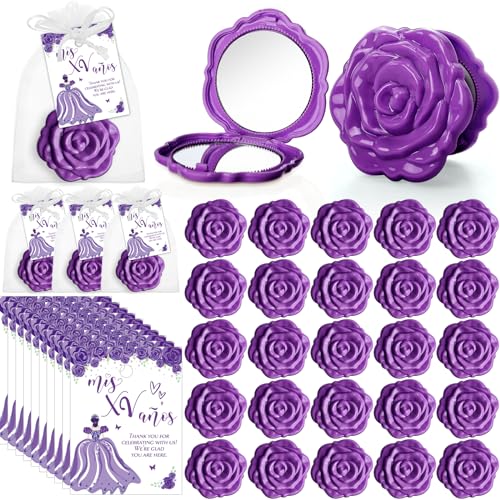 Wenqik Quinceanera Gastgeschenke für Gäste, 50 kompakte Taschenspiegel mit Rosen-Design, 50 Quinceanera-Karten, Dankeschön-Geschenk und Organza-Beutel, süße 15 Mis Quitte zum 18. Geburtstag, süßes von Wenqik