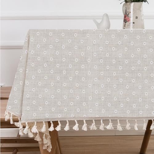 Beige Gänseblümchen Checkered Tischtuch 130x180CM Quadratische Baumwolle Leinen Tischdecke mit Quaste von Wensdr