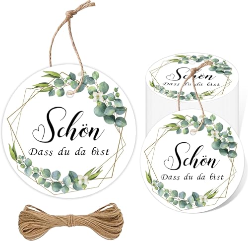 100 Stück Geschenkanhänger Eukalyptus Grün Schön Dass Du Da Bist, Anhänger Papier 5CM Runde mit Schnur Danke Etikett für Hochzeit Konfirmation Kommunion Taufe Babyparty Geburtstag Partydeko von Wentsent