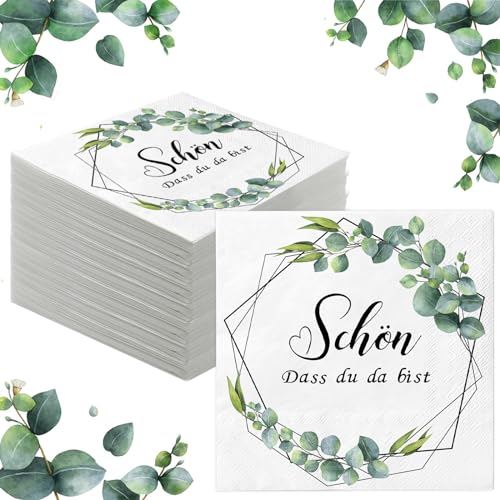 100Stück Servietten Eukalyptus Grün, Papierserviette "Schön Dass Du Da Bist", Tischdeko für Hochzeit Konfirmation Babyparty Taufe, Vintage Einweg Napkins Tisch Dekorationen (100, Eukalyptus Grün B) von Wentsent