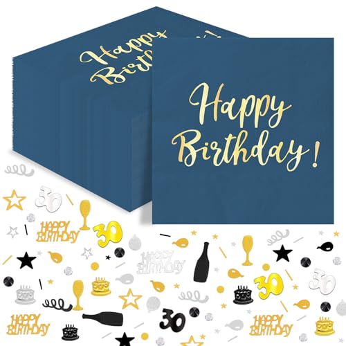 30 Geburtstag Tischdeko, 40Stück Happy Birthday Servietten Blau Gold + 15g 30. Geburtstag Konfetti Schwarz Gold, 30er Geburtstag Papierservietten Konfetti Tischdeko für Mann Frau von Wentsent