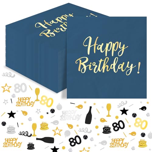 80 Geburtstag Tischdeko, 40Stück Happy Birthday Servietten Blau Gold + 15g 80. Geburtstag Konfetti Schwarz Gold, 80er Geburtstag Papierservietten Konfetti Tischdeko für Mann Frau von Wentsent