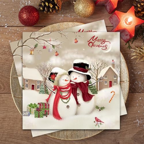 Wentsent 80Stück Weihnachten Servietten, Merry Christmas Servietten, Schneemann Pärchen Papierserviette,Weihnachtliche Tischdekoration, Weihnachtsbaum Winter Paper Napkins, 3-lagig Xmas Servitten von Wentsent