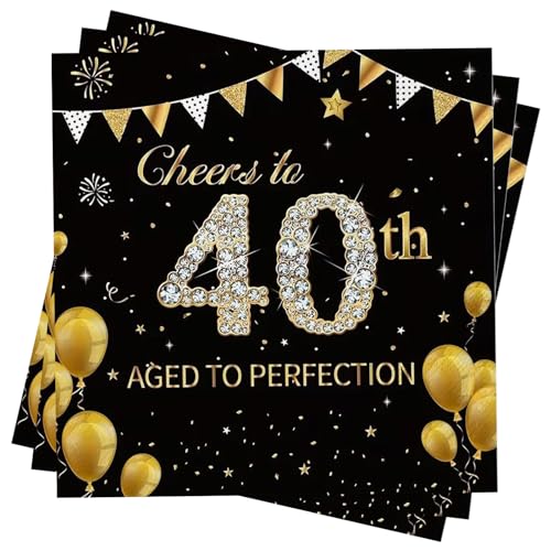 Servietten 40 Geburtstag, Wentsent 40Stück Schwarze Gold 40. Happy Birthday Servietten, Einweg Papierserviette Tischdeko, 40er Geburtstag Mann Frau Geburtstag Party Deko von Wentsent