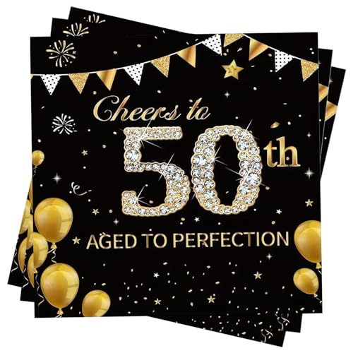 Servietten 50 Geburtstag, Wentsent 40Stück Schwarze Gold 50. Happy Birthday Servietten, Einweg Papierserviette Tischdeko, 50er Geburtstag Mann Frau Geburtstag Party Deko von Wentsent