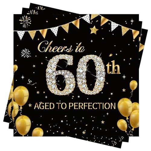 Servietten 60 Geburtstag, Wentsent 40Stück Schwarze Gold 60. Happy Birthday Servietten, Einweg Papierserviette Tischdeko, 60er Geburtstag Mann Frau Geburtstag Party Deko von Wentsent