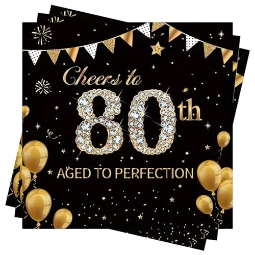 Servietten 80 Geburtstag, Wentsent 40Stück Schwarze Gold 80. Happy Birthday Servietten, Einweg Papierserviette Tischdeko, 80er Geburtstag Mann Frau Geburtstag Party Deko von Wentsent