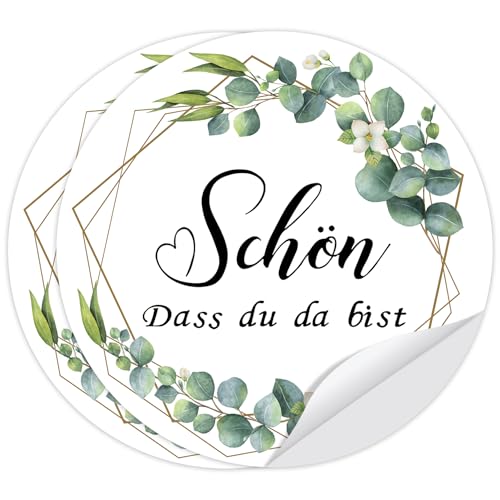 Wentsent 100Stück Sticker Eukalyptus Grün Schön Dass Du Da Bist Aufkleber Dankeschön für Hochzeit Kommunion Konfirmation Taufe Babyparty Geburtstag Danke Geschenk Dankeskarten Partydeko, Rund 4cm von Wentsent