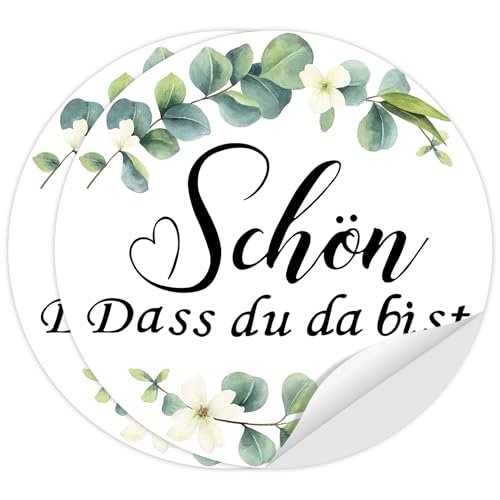 Wentsent 100Stück Sticker Eukalyptus Grün Schön Dass Du Da Bist Aufkleber Dankeschön für Hochzeit Kommunion Konfirmation Taufe Babyparty Geburtstag Danke Geschenk Dankeskarten Partydeko, Rund 4cm von Wentsent