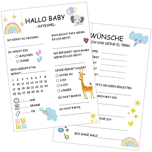 Wentsent 25x Babyparty Ratespiel Karten zum Ausfüllen, Gender Reveal Party, Babyshower Rätsel, Babyparty Spiele Tippkarten für Jungen und Mädchen von Wentsent