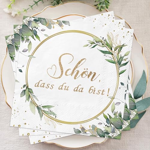 Wentsent 40Stück Servietten Eukalyptus Grün, 3-Lagige Schön Dass Du Da Bist Papierservietten Tischdekoration für Hochzeit Geburtstag Taufe Kommunion Konfirmation und jede Feier Party von Wentsent