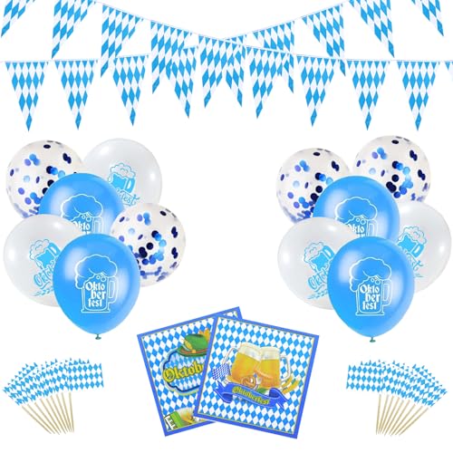 Wentsent 78Stück Oktoberfest Deko, Bayrische Servietten+Bayern Wimpel Girlande+Blau Weiß Luftballons+Flaggenpicker Tortendeko, Oktoberfestdeko München Bayernraute Bayerische Party Tisch Dekoration von Wentsent