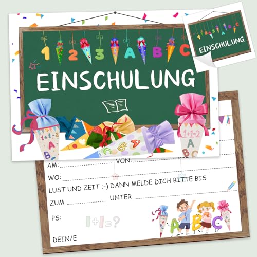 Wentsent Einladung Einschulung, 12er Set Schulanfang Einladungskarten mit Aufkleber für Junge Mädchen 1. Schultag Tafel Einladungen Schuleinführung Einschulung Einladungskarten von Wentsent