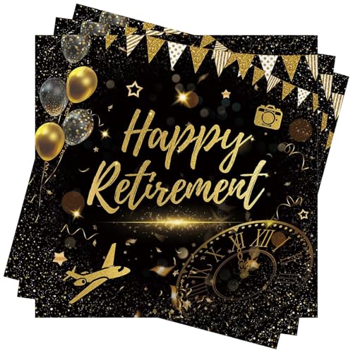 Wentsent Papierservietten "Happy Retirement", 40 Stück, Schwarz / Gold, für den Ruhestand, Cocktail-Servietten für Männer, Frauen, Ruhestand, Abschied, Party-Dekorationen von Wentsent