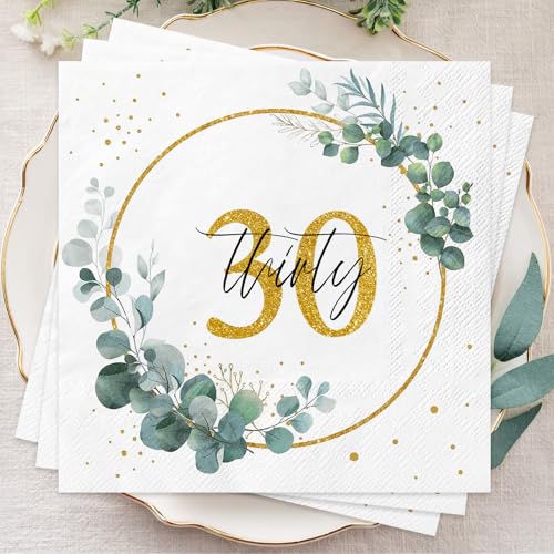 Wentsent Salbeigrün Servietten zum 30. Geburtstag für Damen und Herren, Happy 30th Birthday Gold Servietten Eukalyptus Servietten Servietten für Geburtstag Jahrestag Cocktail Party Dekoration von Wentsent