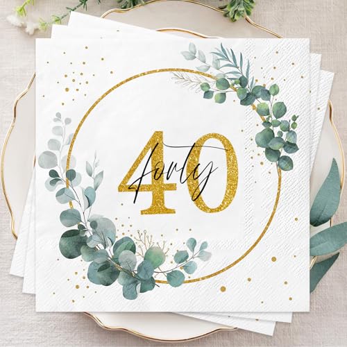 Wentsent Salbeigrün Servietten zum 40. Geburtstag für Damen und Herren, Happy 40th Birthday Gold Servietten Eukalyptus Servietten Servietten für Geburtstag Jahrestag Cocktail Party Dekoration von Wentsent