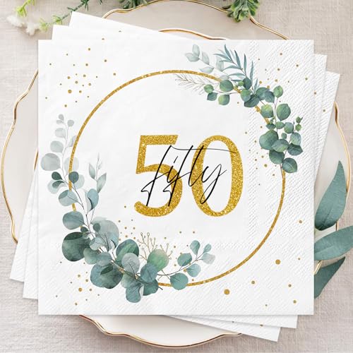 Wentsent Salbeigrün Servietten zum 50. Geburtstag für Damen und Herren, Happy 50th Birthday Gold Servietten Eukalyptus Servietten Servietten für Geburtstag Jahrestag Cocktail Party Tischdekoration von Wentsent