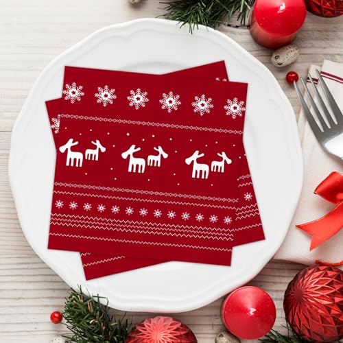 Wentsent Weihnachten Servietten Rot, 100Stück Weihnachtsservietten mit Rentier Schneeflocken Motiv, Weihnachtliche Tischdeko,Winter Paper Napkins, Einweg Papierservietten für Dinnerpartys Weihnachten von Wentsent