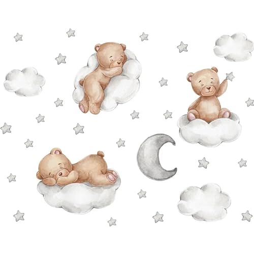 Wandtattoo Teddybär, Wandsticker Bär Auf Der Wolke Cartoon Niedlichen Bären Wandtattoo Selbstklebend Wolken Deko Wandaufkleber Wandsticker Kinderzimmer Für Zimmer Wanddekoration (80 x 63 cm) von Wenxiaw