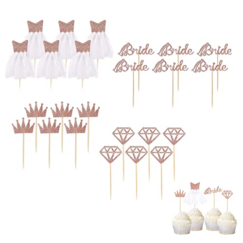 Braut Kuchen Topper Glitter Cupcake Toppers Kuchen Topper Kuchendeckel Kuchendekoration Tortendeko Rosegold Diamant Krone Braut Brautkleid für Brautdusche Hochzeit Verlobung Dessert Dekor 24 Stück von Wenyue