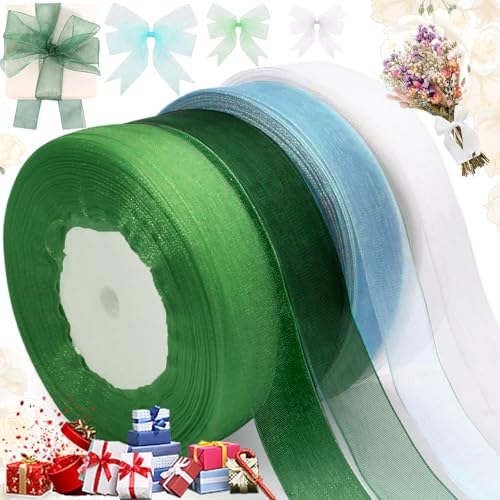 Weploda 4 Stück 2cm x 45m Organzaband, Breit Geschenkband Weiss Grün Seeblau Dunkelgrünb, Polyester Satinband, Organzaband, Schleifenband, Dekoband für Geschenkverpackung Weihnachtsdekoration von Weploda