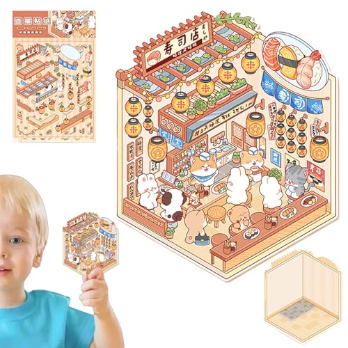 Weqizuerqi Hausaufkleber kreative Miniatur, Miniatur -Szenenaufkleber - 3D -Effekt -Handkonto -Abziehbilder | Landschaftsbau -Szenenabziehbilder, Cartoon Scrapbooking Decoration Tool für Kinder von Weqizuerqi