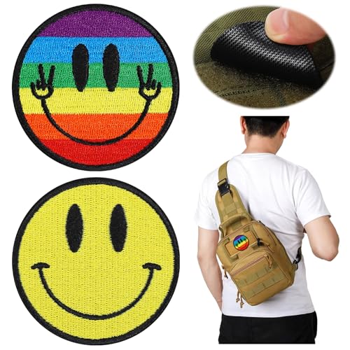 2 Stück voll bestickte Smiley-Aufnäher mit Smiley-Gesicht, Klettverschluss-kompatibel/Klettverschluss-Rückseite, leuchtende Farben, feine Smiley-Aufnäher für taktische Westen, Rucksäcke, Jacken, von Wercokt