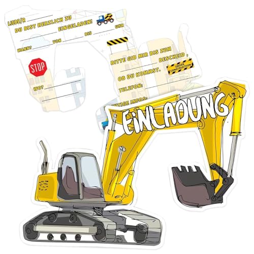 Werfunee - 12er Einladungskarten Kindergeburtstag Junge - 14 x 11.5 cm Excavator Einladungskarten Geburtstag - Einladung Kindergeburtstag Junge - Geburtstagseinladungen Junge von Werfunee