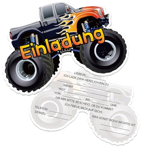 Werfunee - 12er Einladungskarten Kindergeburtstag Junge - 15 x 10.5 cm Bigfoot-Buggy Einladungskarten Geburtstag - Einladung Kindergeburtstag Junge - Geburtstagseinladungen Junge von Werfunee