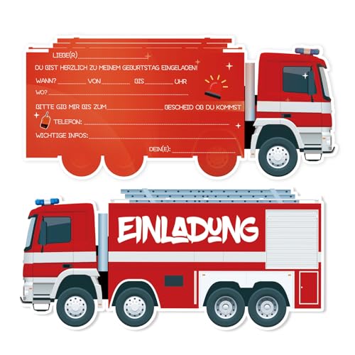 Werfunee - 12er Einladungskarten Kindergeburtstag Junge - 15 x 7 cm Feuerwehr Einladungskarten Kindergeburtstag Geburtstag - Einladung Kindergeburtstag Junge - Geburtstagseinladungen Junge von Werfunee