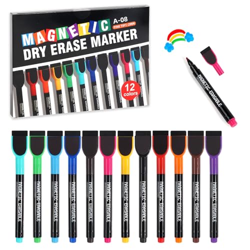 Werfunee Whiteboard Marker - Folienstift Abwischbar - Whiteboard Stifte - Trocken Abwischbare Marker mit Schwamm - Magnetisch Whiteboard Flipchart Stifte, 12 Farbe für Zuhause Schule Büro von Werfunee