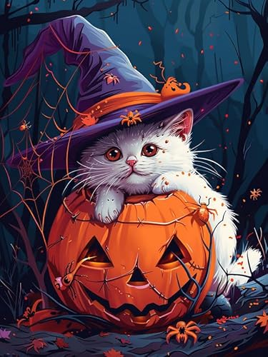 Wergund Diamond Painting Katze, Diamant Painting Bilder Kürbis Halloween, DIY Cross Stickerei Malerei Kits,Wohnzimmer Schlafzimmer Büro Wand Und Eingang Dekoration 30x40cm-16 von Wergund