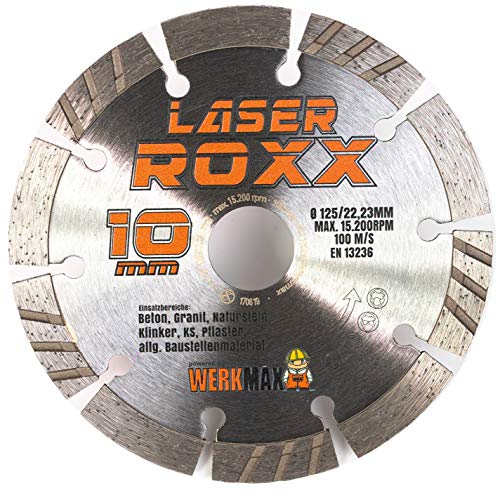 Werkmax Diamant Trennscheibe 125 mm, Laser Roxx Diamantscheibe, Neuentwicklung für Beton, Pflasterstein, Ziegel, Granit, Naturstein von Werkmax