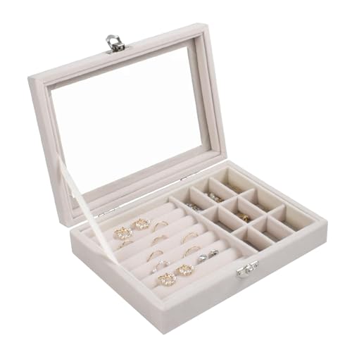 Schmuckkästen mit Glasdeckel Beflockung Schmuck Aufbewahrungsbox 9 Gitter Schmuckkoffer Halskette Ohrringe Ring Schmuckschatulle Transparente Schmuckdisplay (Beige) von Werownsgso