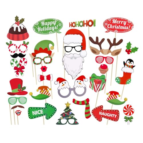 Werownsgso 32 Stücke Weihnachtsfeier Fotorequisiten, Fotobox Accessoires Weihnachten, Lustige Foto Requisiten, Weihnachts Dekoration, Selfie-Requisiten für Erwachsene Kinder Weihnachtsfeier Zubehör von Werownsgso