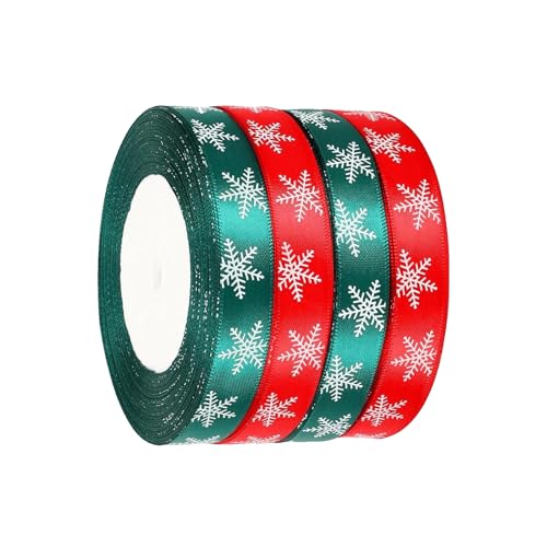 Werownsgso 4 Rollen Weihnachts-Schneeflocken-Bänder, 25 Yard Grün Rot Weihnachtsbänder,10mm Breit Geschenkband Dekoband für Weihnachten, Geschenk Verpackung, Hochzeit, Party von Werownsgso