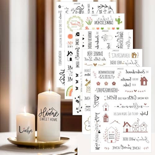 Werownsgso 5PCS Rub On Sticker，Kerzentattoo Wassertransferdruck，Kerzenaufkleber Sticker für Kerze Tasse DIY Geschenk,Happy Birthday, Kerzen Dekorieren，Möbel Holz Glas DIY Deko Home von Werownsgso