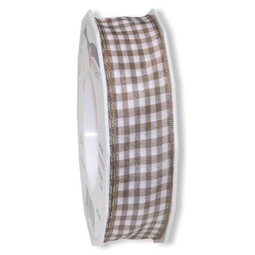 Geschenkband, Stoffband, Vichy-Karo, Taupe, Drahtkante, 25 mm x 20 m, 1 Rolle(n) von Wertpack