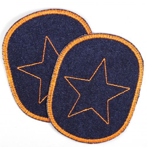 2 Flicken zum aufbügeln Set Jeans Knieflicken dunkelblau Stern orange 10 x 8 cm Buegelflicken Aufbuegler Hosenflicken schlichte Applikationen für Kinder reissfeste Bügelbilder geeignet als Aufnäher von Wertstueck Flickli