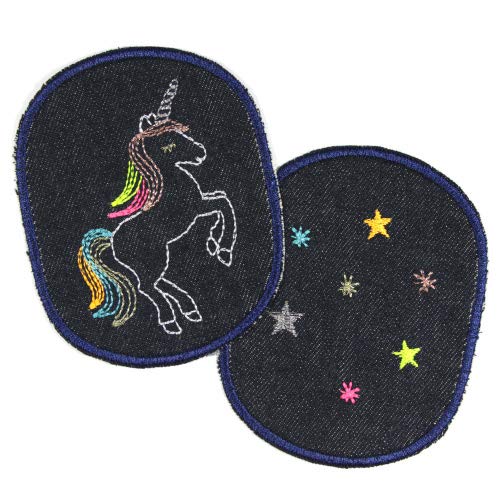 2 Hosenflicken Einhorn und Sterne Knieflicken Flicken Bügelflicken Bio Jeans Aufbügler 10 x 8cm teilw. Neonfarben und Metallicgarn von Wertstueck Flickli