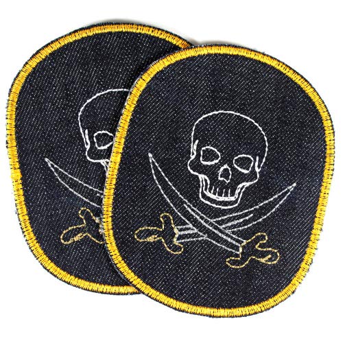 2 Hosenflicken Piraten Set 12 x 10cm Knieflicken Seeräuber Flicken Säbel Bügelflicken groß Bio Jeans blau Aufbügler Totenkopf Patches zum aufbügeln Applikationen für Kinder Bügelbilder von Wertstueck Flickli