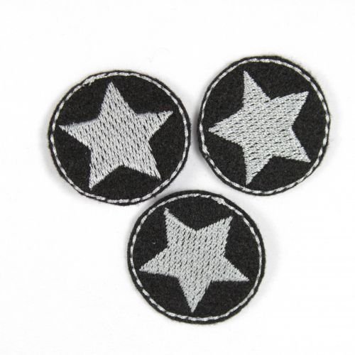 Aufbügler Bügelbild Bügelflicken rund 3er Set Klein Stern silber auf schwarz Sterne Flicken zum aufbügeln Mini Patches ø 3,5cm von Wertstueck Flickli