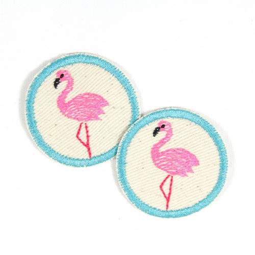 Aufbügler Flamingo ø 5cm Flicken zum aufbügeln 2 Hosenflicken Voegel mini Patches rund Bügelflicken Erwachsene von Wertstueck Flickli