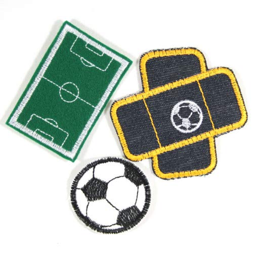 Aufbügler Fußball Set Fußballplatz 4,7 x 7 cm Pflaster 8,3 x 8cm und Fußball ø 5 cm Flicken Bügelflicken von Wertstueck Flickli