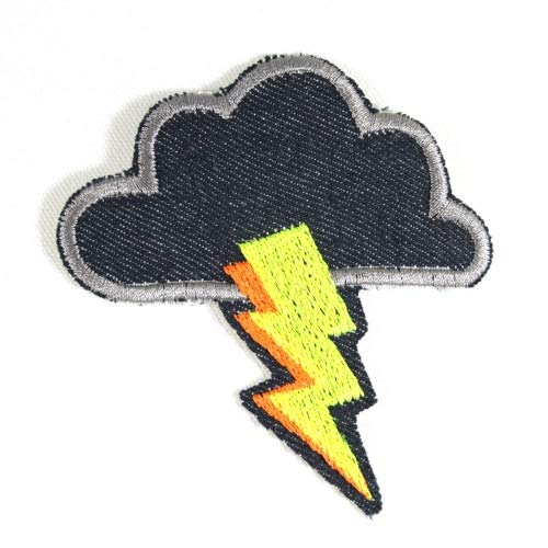 Bügelbild Blitz mit Wolke 8,7 x 8,5cm Flicken zum aufbügeln neon Bügelflicken Aufbügler Blitz Wolke patch Jeans für Kinder und Erwachsene von Wertstueck Flickli