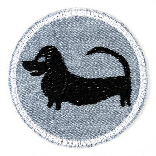 Buegelbild Hund Dackel rund Flicken zum aufbügeln Jeans hellblau ø 7cm Aufbuegler Buegelflicken Patch von Wertstueck Flickli