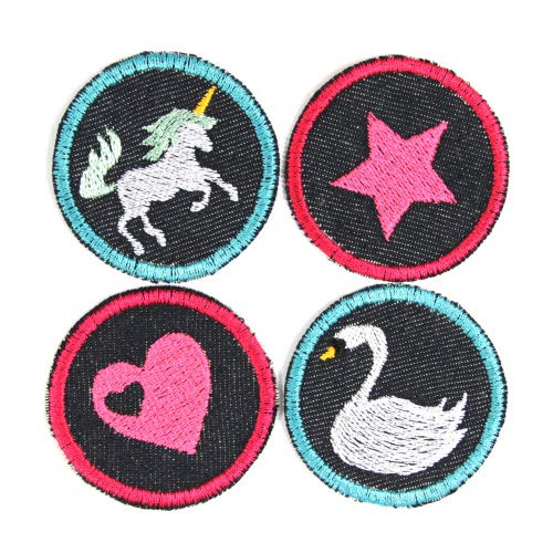 Bügelbilder 4 Flicken Einhorn Herz Stern Schwan Aufbügler kleine Bügelflicken ø 5cm rund Bio Jeansflicken Patches Hosenflicken von Wertstueck Flickli